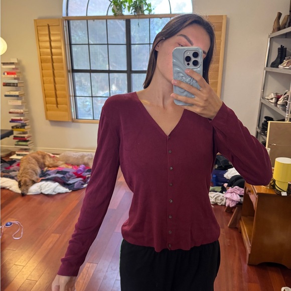 Ann Taylor Sweaters - Ann Taylor 100% silk Button Front Burgundy Cardigan